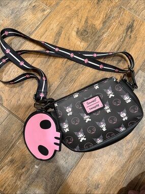 Loungefly Black and Pink Kuromi Crossbody Bag with Skull Charm